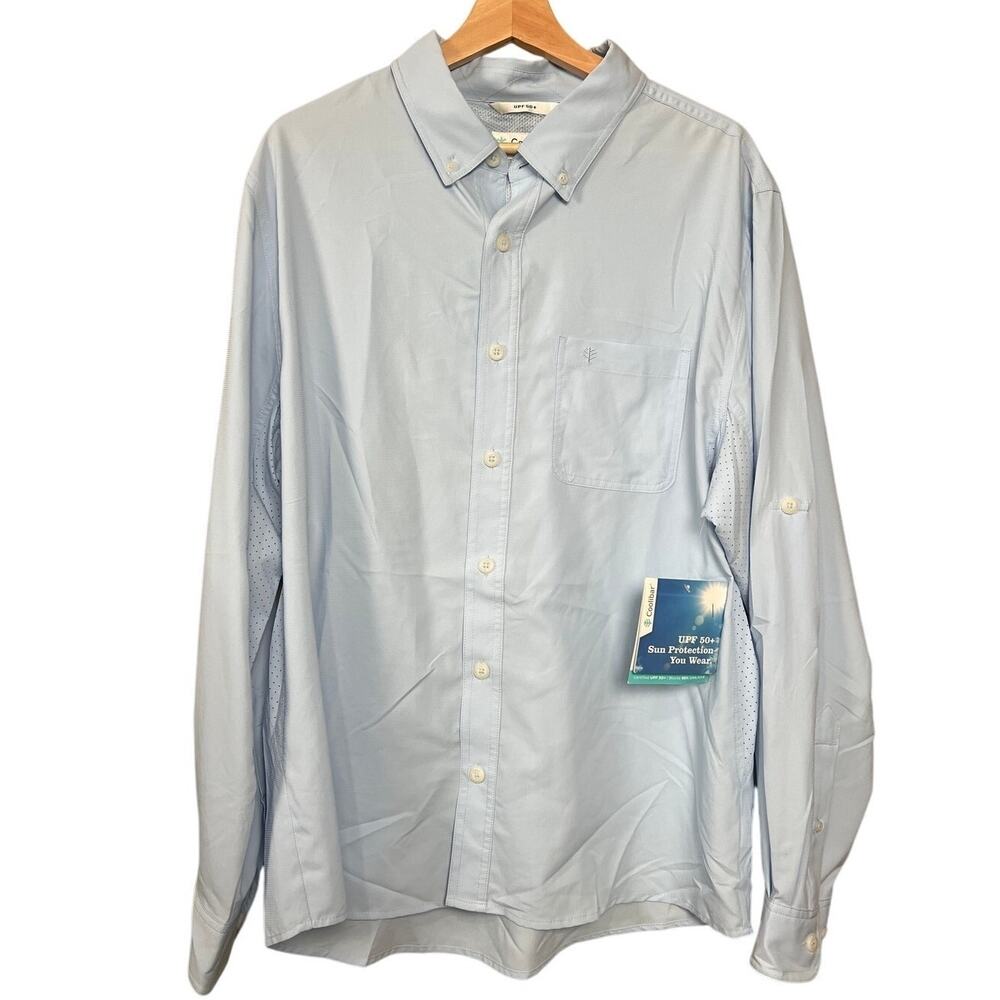 NWT Coolibar UPF 50+ Men Light Blue Long Sleeve Button Down Size L